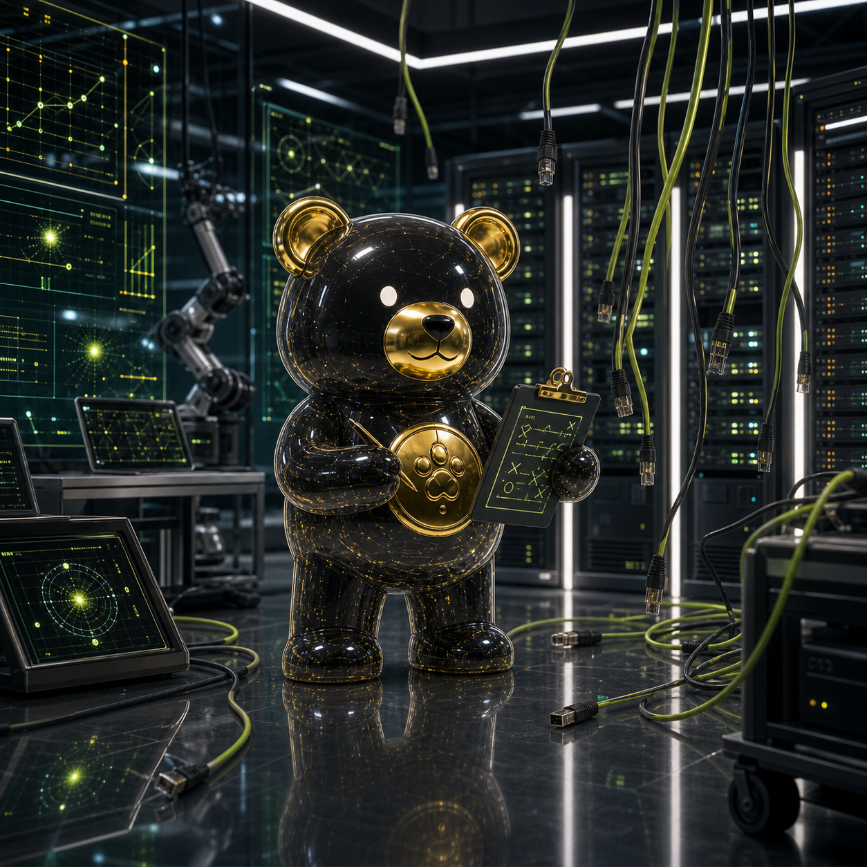BAPO Bear in an AI lab with unplugged cables.