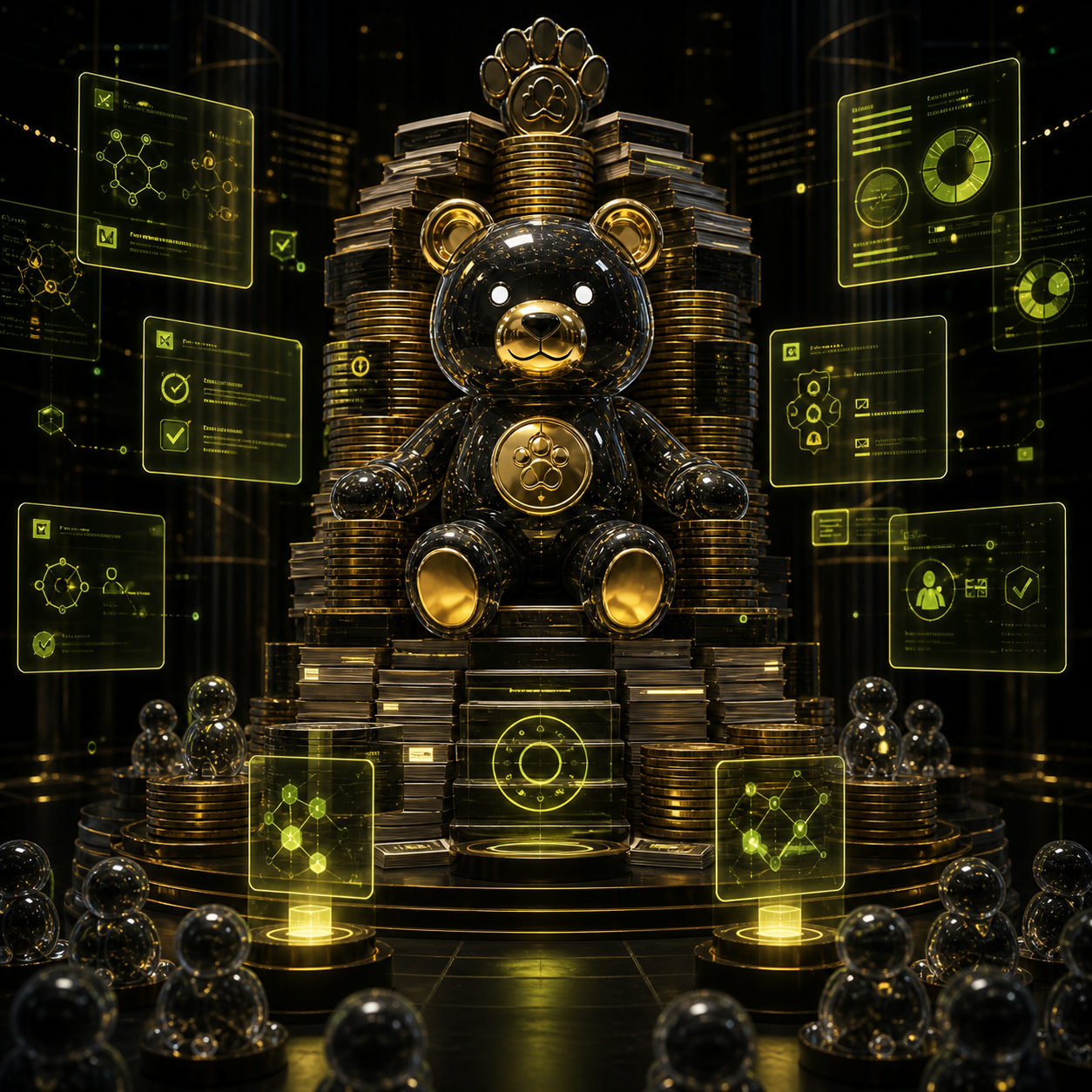 BAPO Bear on a throne made of abstract coins and memos.
