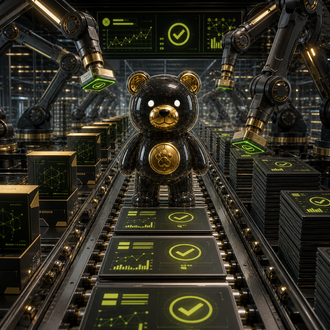 BAPO Bear in a factory producing identical pitch decks.