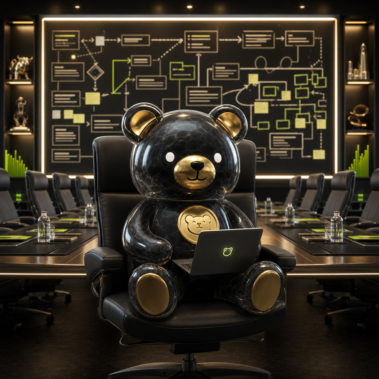 BAPO Bear beside a huge abstract roadmap wall.