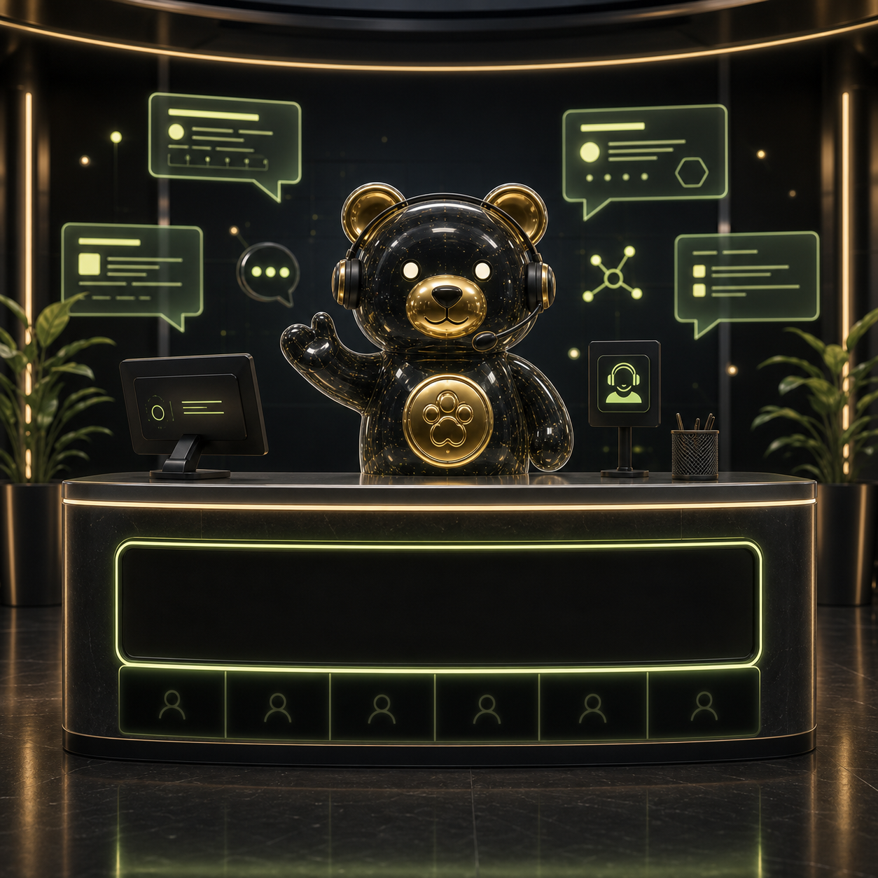 BAPO Bear behind a polished but empty support desk.