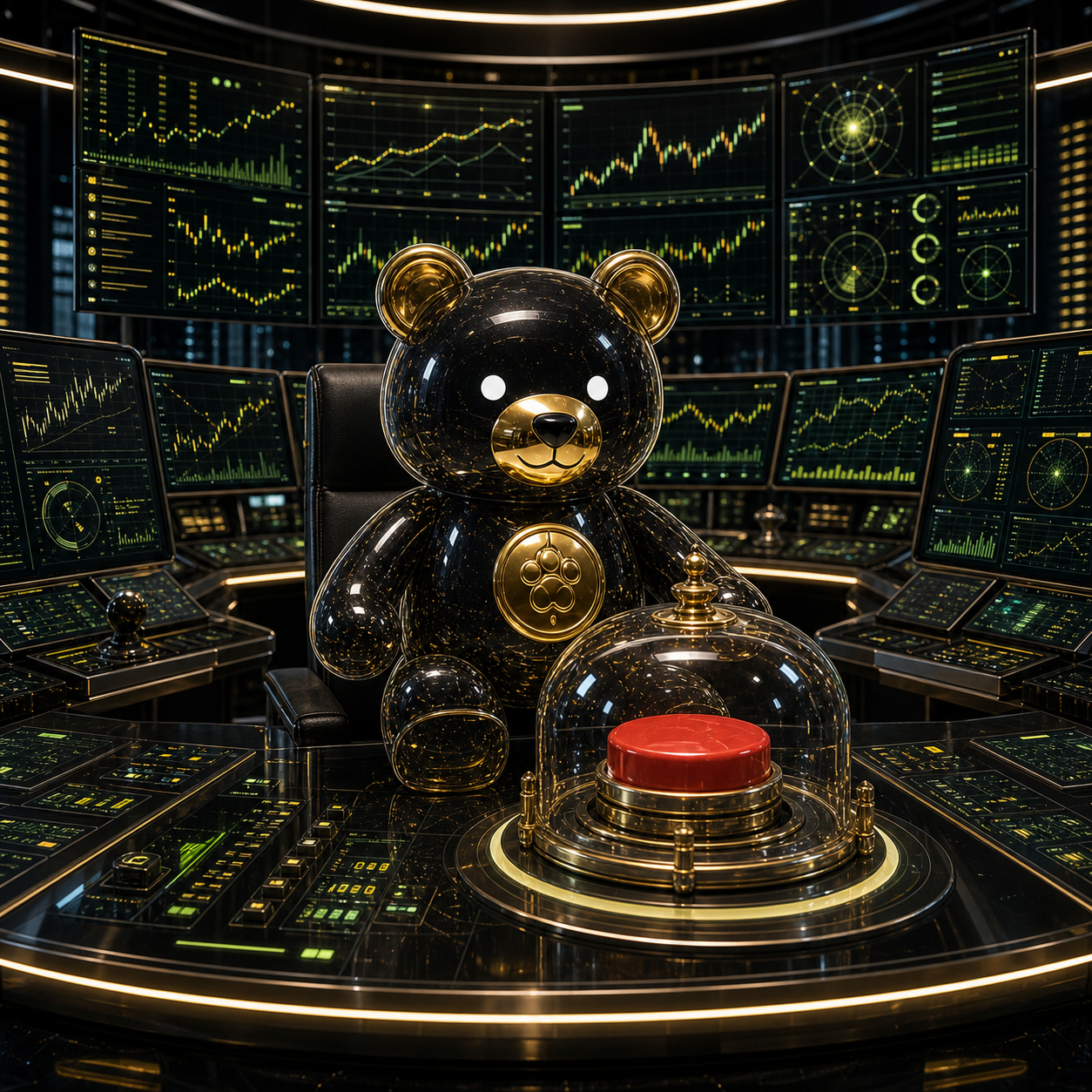 BAPO Bear at a crypto trading desk with abstract charts.