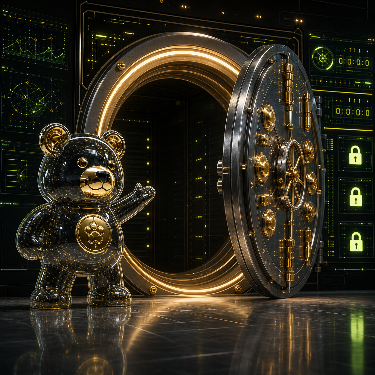 BAPO Bear beside a glowing token unlock vault.